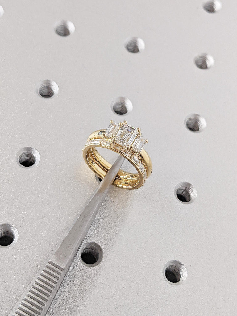 Emerald Cut Three Stone Ring, 18k Yellow Gold Moissanite Wedding Ring Set, Lab Diamond Anniversary Ring, Unique Bridal Set, Gift for Wife