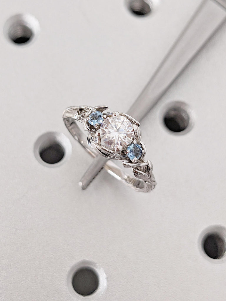 Three Stone Lab Created Diamond and Aquamarine Ring | Trilogy Engagement Ring | Solid Gold Past Present Future Ring | Unique Bridal Ring Woman Jewelry