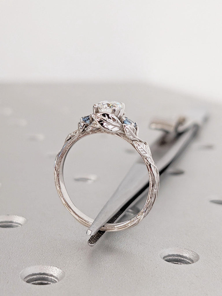 Twigs and Branches Nature Inspired Promise Ring | Delicate Lily Flower Engagement Ring | Solid White Gold Simulant Diamond Wedding Anniversary Ring | Round cut Natural Aquamarine