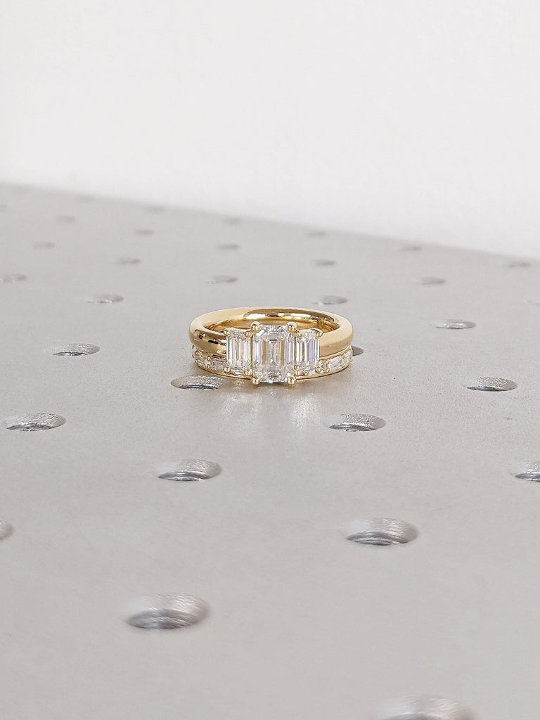 Lab Grown Diamond Engagement Ring Set, Emerald Cut Three Stone Ring, 18k Yellow Gold Anniversary Ring, Half Eternity Baguette Wedding Ring