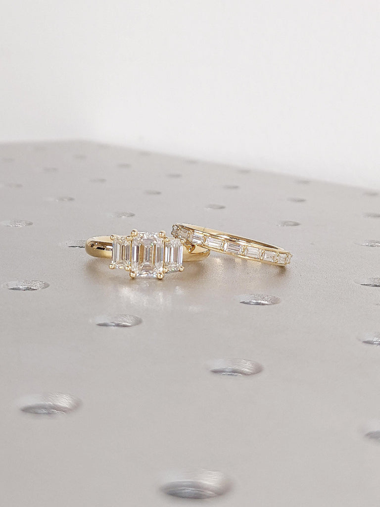 Lab Grown Diamond Engagement Ring Set, Emerald Cut Three Stone Ring, 18k Yellow Gold Anniversary Ring, Half Eternity Baguette Wedding Ring