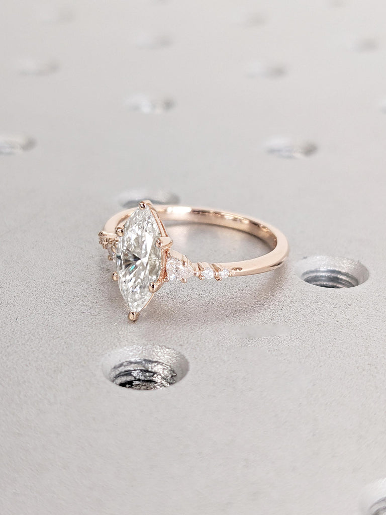 Pear, Round cut Moissanite Cluster Ring | Prong Set Ring | 14k Rose Gold Engagement Ring | Woman Bridal Jewelry