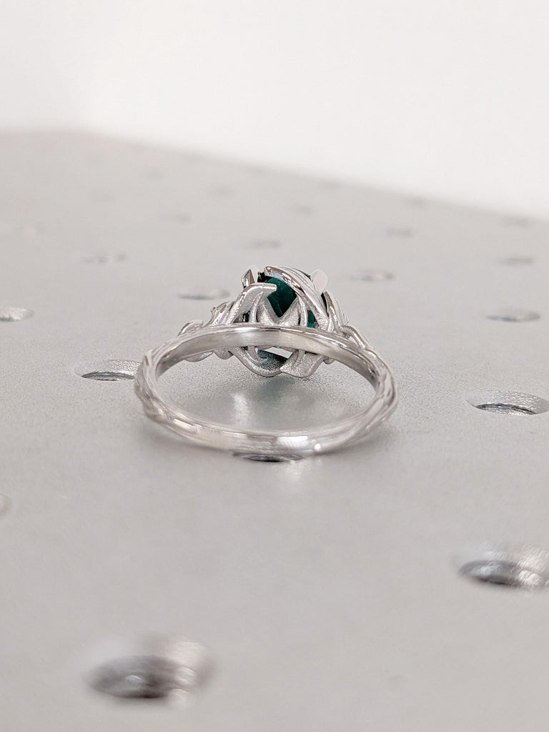 Unique Leaf Ring | Round Emerald and Moissanite Rustic Promise Anniversary Ring | White Gold, Platinum Woman Bridal Jewelry | May Birthstone