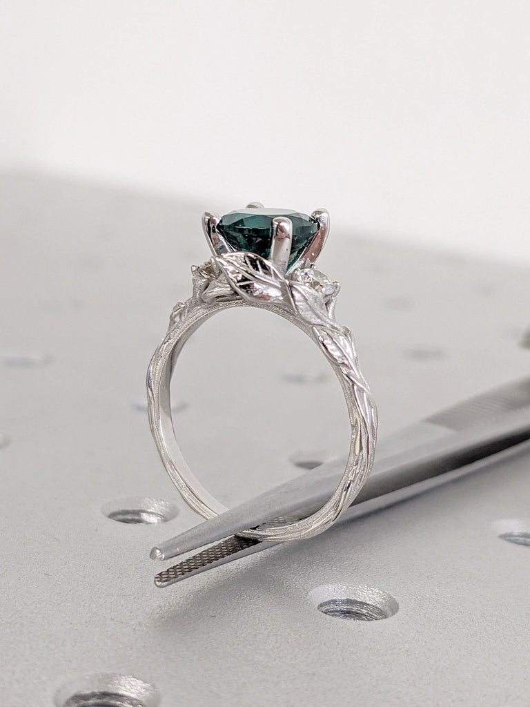 Nature Inspired Lab Grown Emerald Engagement Ring for Her | Three Stone Ring | Green Emerald and Diamond Platinum Ring | Twigs Branches Ring