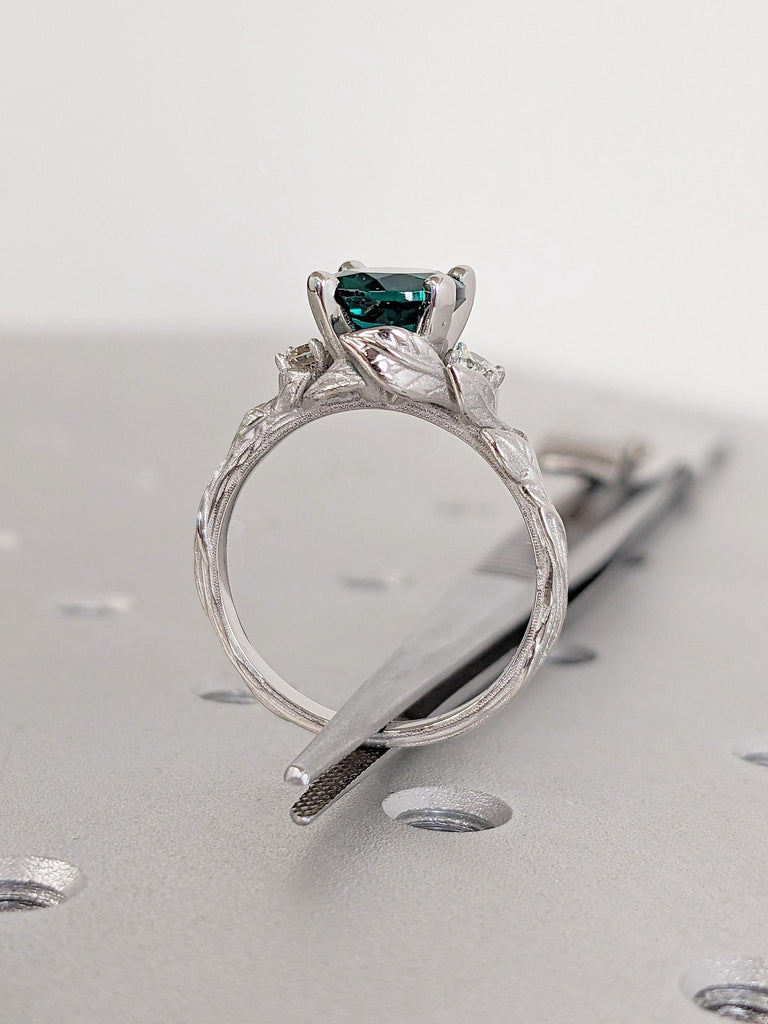 Unique Leaf Ring | Rustic Engagement Ring | White Gold, Platinum Woman Bridal Jewelry | Emerald and Moissanite Promise Ring