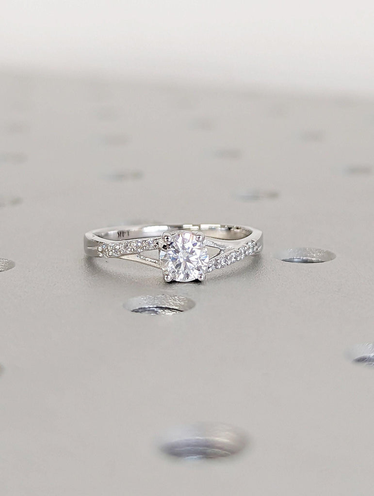 Unique Twisted Band Round cut Moissanite Proposal Ring | 14k 18k White Gold Lab Grown Diamond Cluster Promise Ring