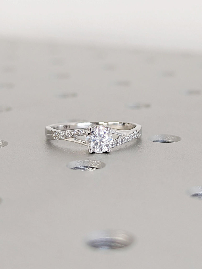 Unique Twisted Band Round cut Moissanite Proposal Ring | 14k 18k White Gold Lab Grown Diamond Cluster Promise Ring