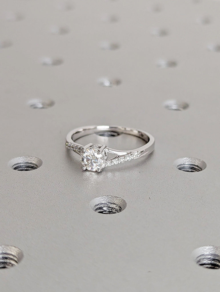 Lab Grown Diamond Cluster Engagement Ring | 14k White Gold Twisted Wedding Band | Unique Art Deco Promise Anniversary Ring Gift for Wife