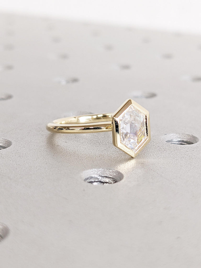 Hexagon Cut Moissanite Engagement Ring | 14K Yellow Gold Solitaire Promise Ring | Dainty Wedding Rings for Women | Minimalist Ring