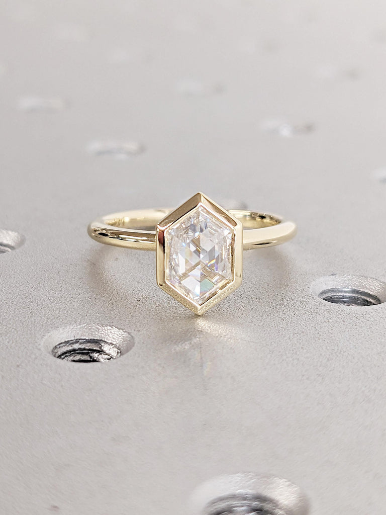 Hexagon Cut Moissanite Engagement Ring | 14K Yellow Gold Solitaire Promise Ring | Dainty Wedding Rings for Women | Minimalist Ring