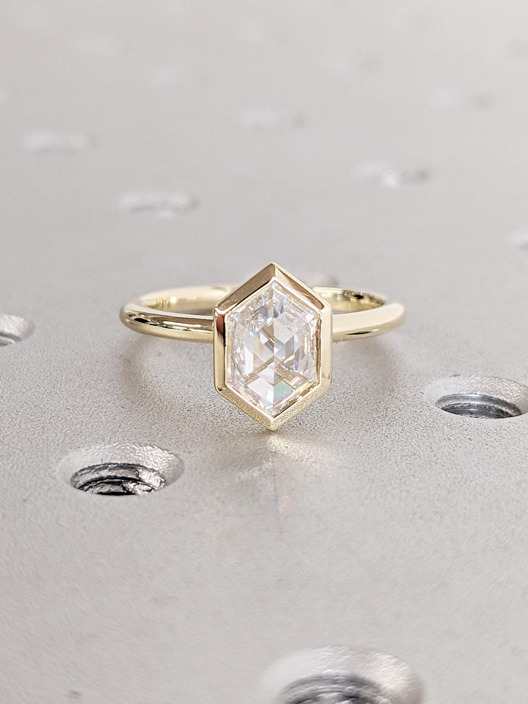 14K Yellow Gold Solitaire Statement Ring | Hexagon Cut Moissanite Proposal Ring | Hexagon Anniversary or Engagement Ring | Gift for Wife