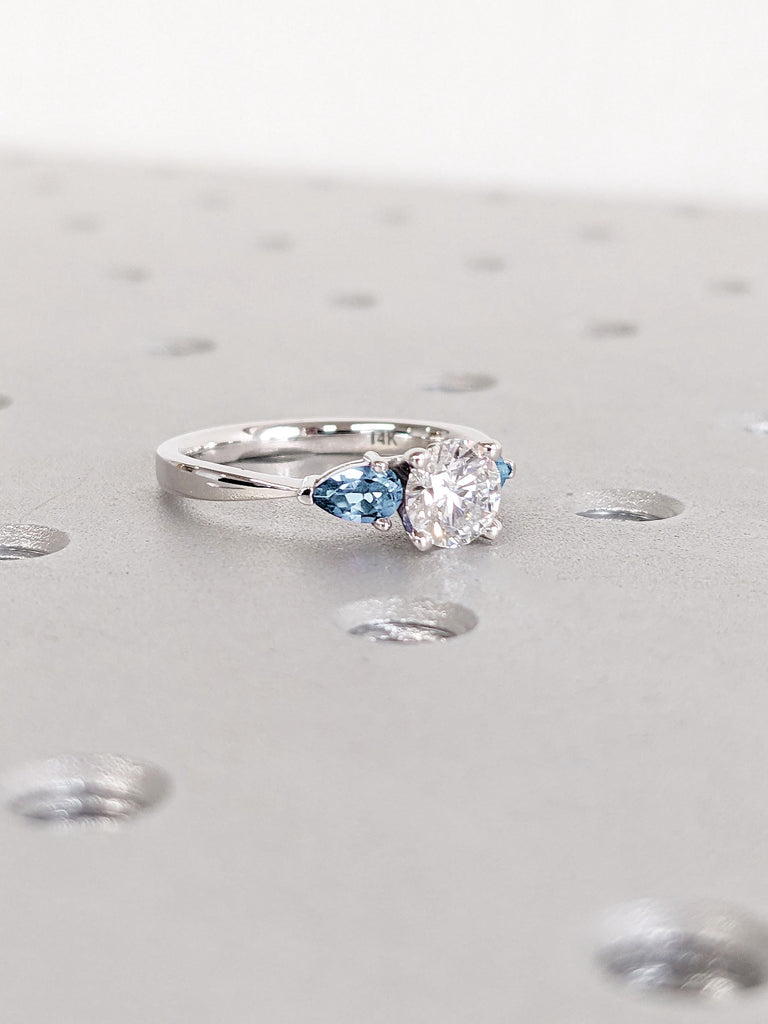 Unique Aquamarine & Lab Diamond Three Stone Ring for Her | 14k White Gold Small Women Simulant Diamond Promise Ring | March Birthstone Gift