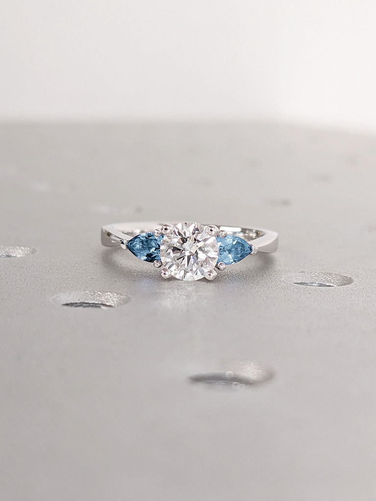 Unique Aquamarine & Lab Diamond Engagement Ring for Her | 14k White Gold Small Women Simulant Diamond Promise Ring | March Birthstone Gift