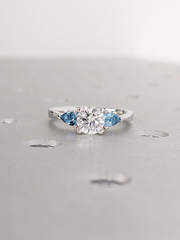 Round Moissanite and Pear cut Aquamarine Unique Promise Anniversary Bridal Ring | 14K White Gold Moissanite Engagement Ring | Gift for Her