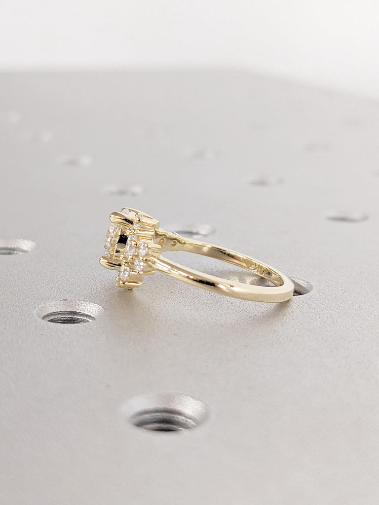 Dainty 14k Yellow Gold Wedding Ring, Moissanite Cluster Engagement Ring, Vintage Moissanite Anniversary Ring Art Deco Asymmetrical Diamonds