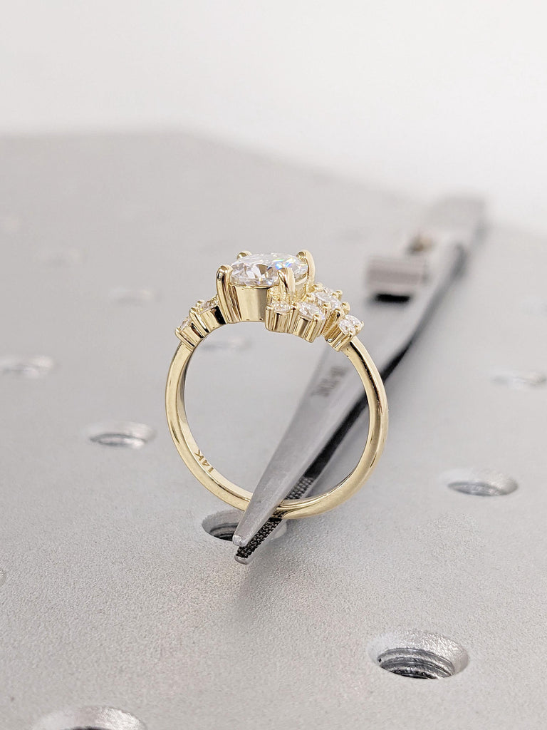 14k Yellow Gold Prong set Ring | Colorless Moissanite Cluster Engagement Ring | Delicate Ring