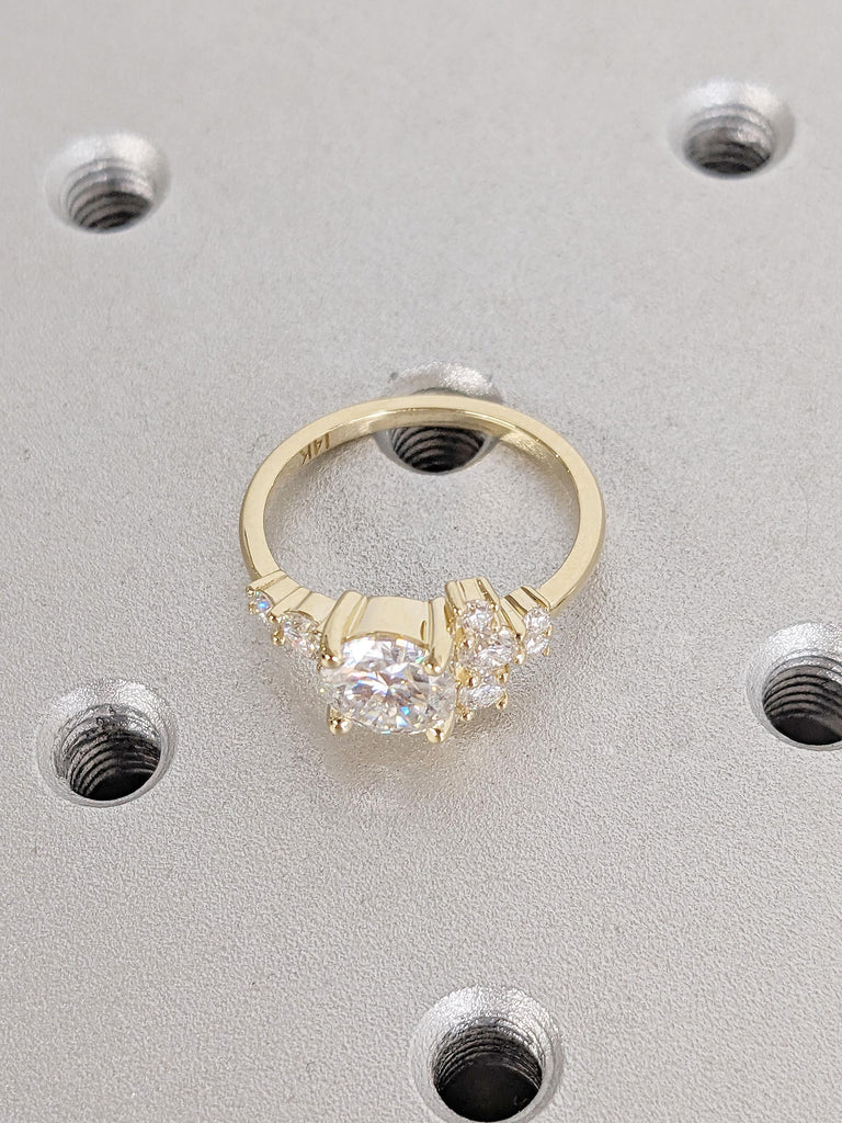 Moissanite and Lab Diamond Cluster Promise Ring | 14k Yellow Gold Asymmetrical Moissanite Ring | Art Deco Anniversary Ring Gift for Wife