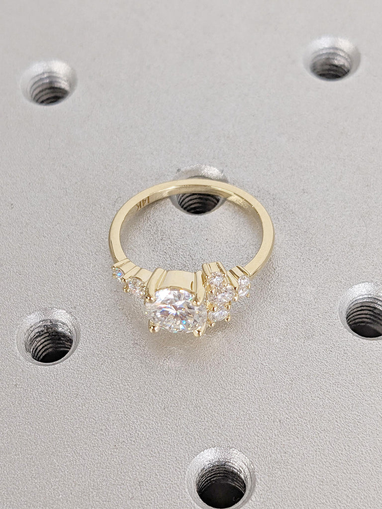 Dainty 14k Yellow Gold Wedding Ring, Moissanite Cluster Engagement Ring, Vintage Moissanite Anniversary Ring Art Deco Asymmetrical Diamonds