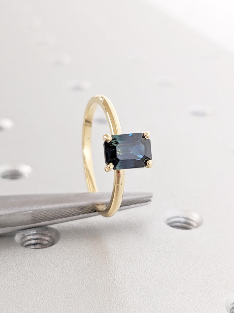 Teal Sapphire Engagement Ring, Emerald Cut Ring, Solitaire 18k Yellow Gold Ring, Blue Green Sapphire Rings for Women, Birthday Gift for Wife