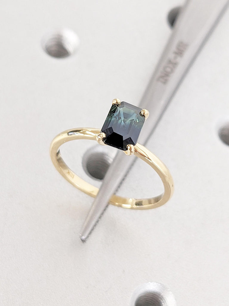 Teal Sapphire Engagement Ring, Emerald Cut Ring, Solitaire 18k Yellow Gold Ring, Blue Green Sapphire Rings for Women, Birthday Gift for Wife