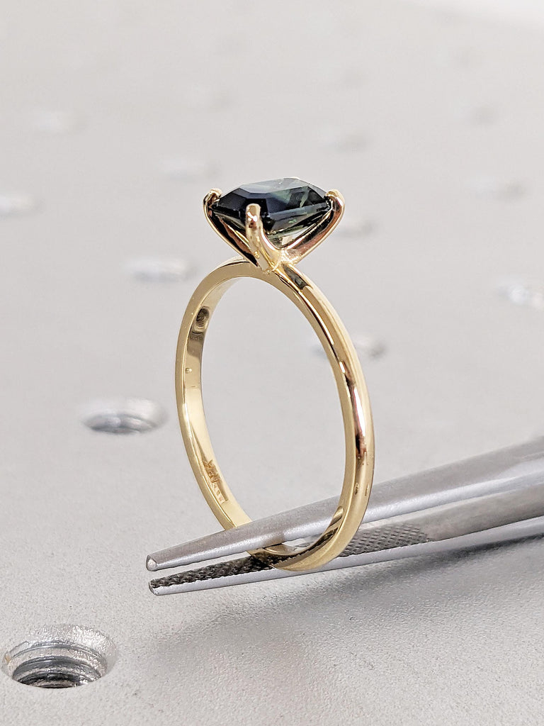 Teal Sapphire Engagement Ring, Emerald Cut Ring, Solitaire 18k Yellow Gold Ring, Blue Green Sapphire Rings for Women, Birthday Gift for Wife