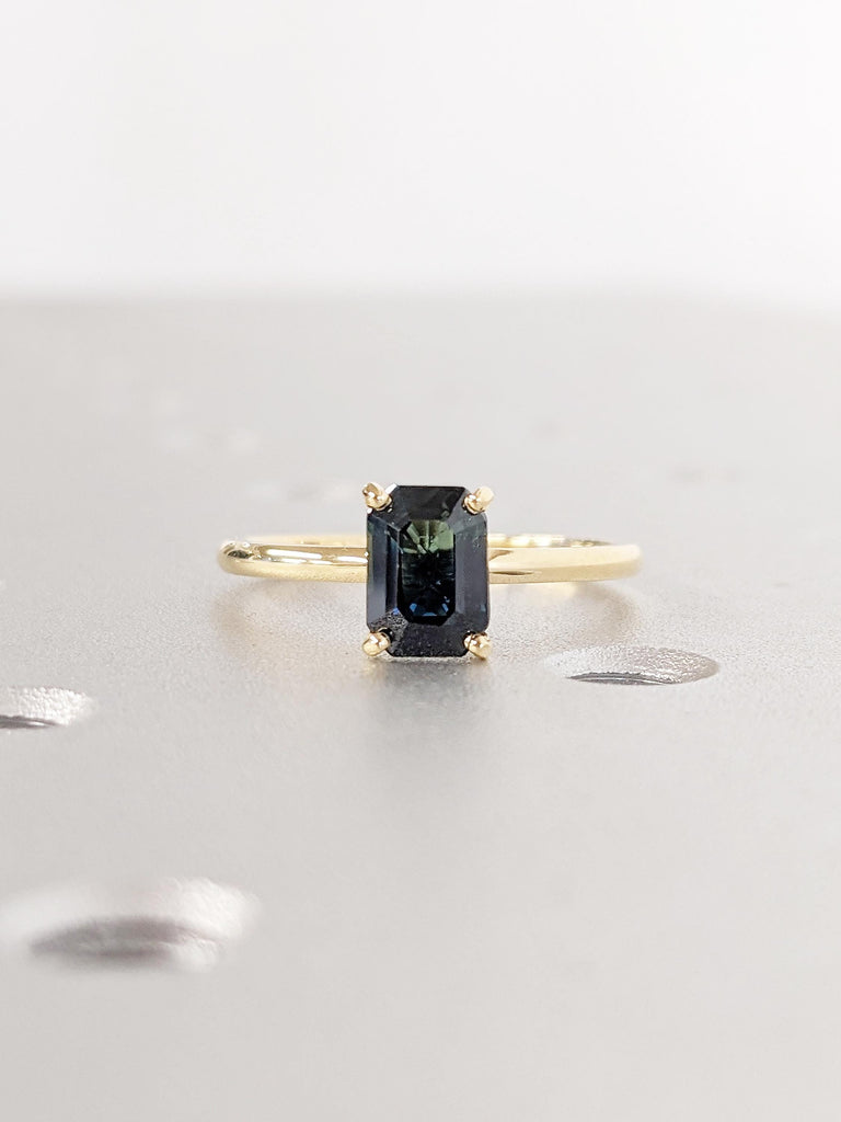 Teal Sapphire Engagement Ring, Emerald Cut Ring, Solitaire 18k Yellow Gold Ring, Blue Green Sapphire Rings for Women, Birthday Gift for Wife