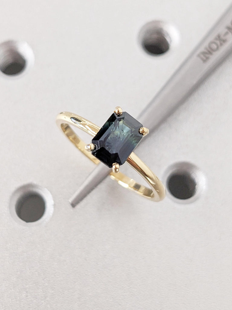 Teal Sapphire Engagement Ring, Emerald Cut Ring, Solitaire 18k Yellow Gold Ring, Blue Green Sapphire Rings for Women, Birthday Gift for Wife