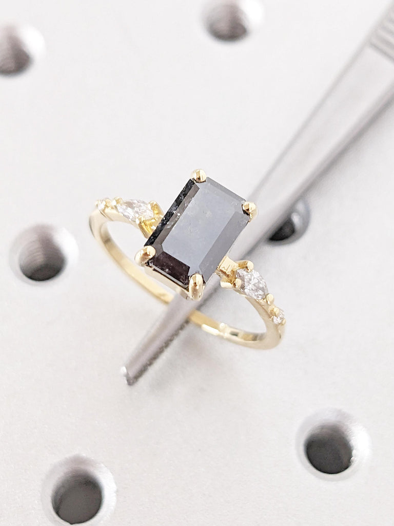 Emerald Cut Salt and Pepper Diamond Ring | 18k Yellow Gold Diamond Ring | Unique Engagement Ring | Perfect Anniversary Gift for Her