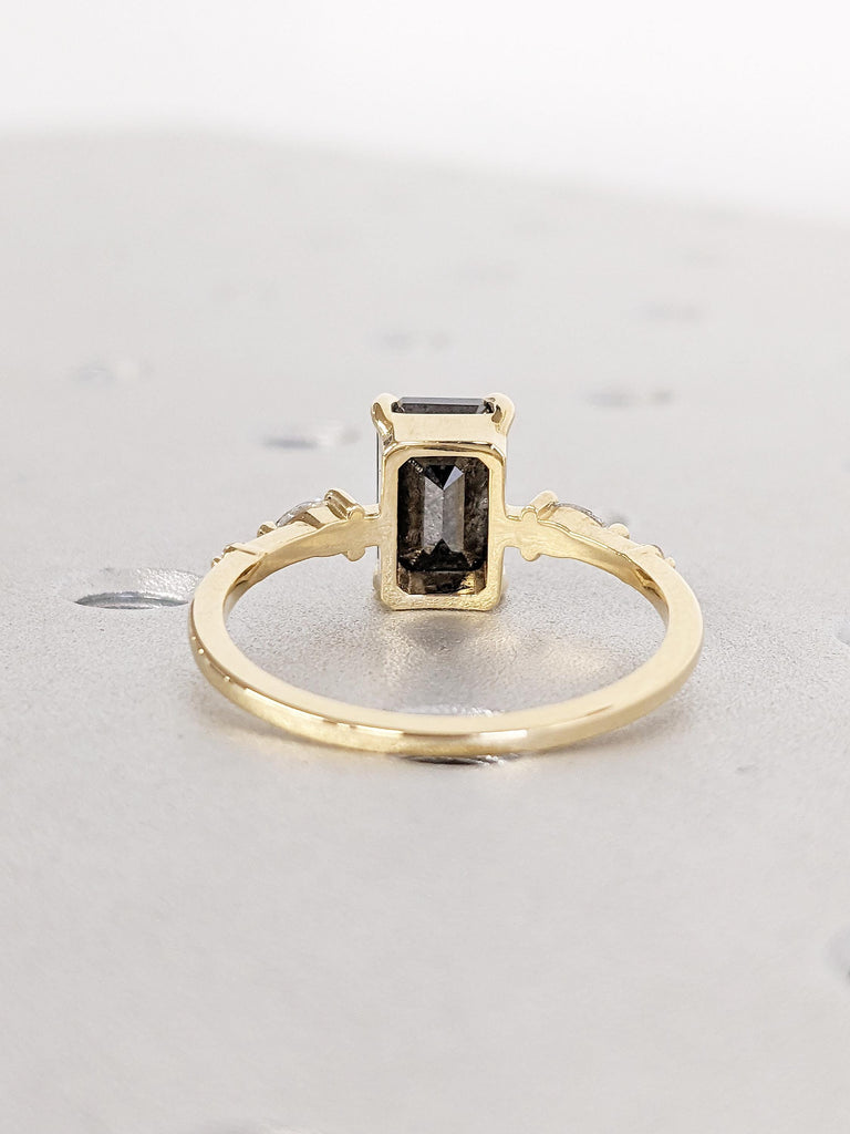 Emerald Cut Salt and Pepper Diamond Ring | 18k Yellow Gold Diamond Ring | Unique Engagement Ring | Perfect Anniversary Gift for Her