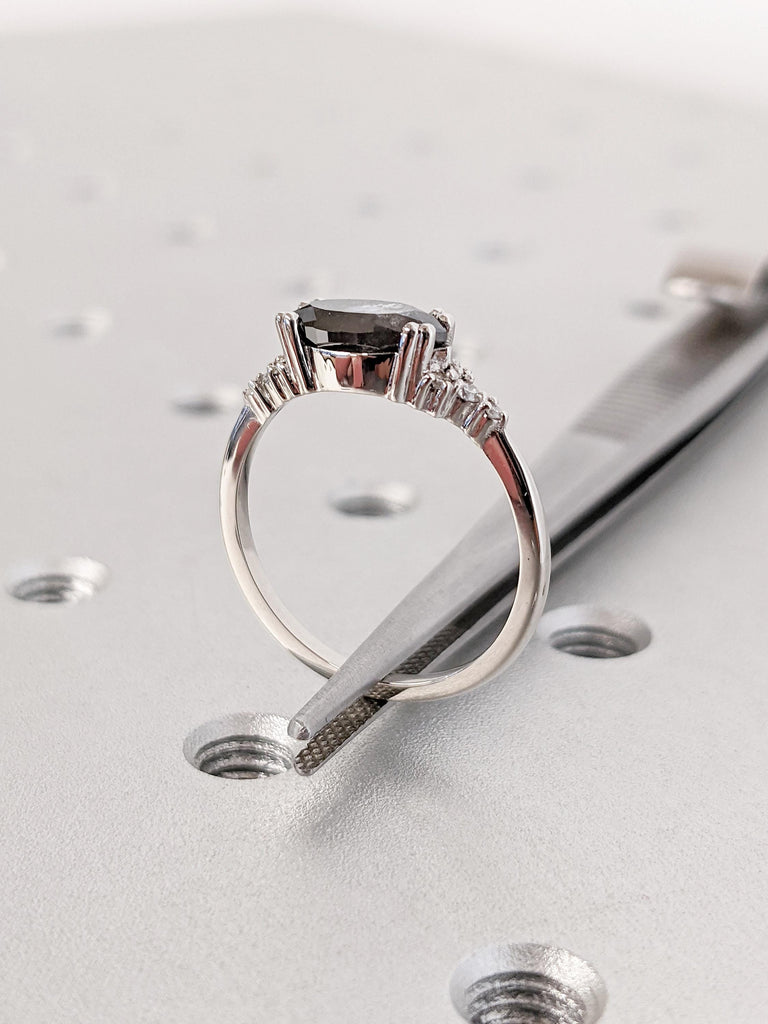Classic Platinum Marquise Cut Salt and Pepper Diamond Modern Engagement Ring, Dainty Salt & Pepper Bridal Ring, Gothic Jewelry Wedding Ring