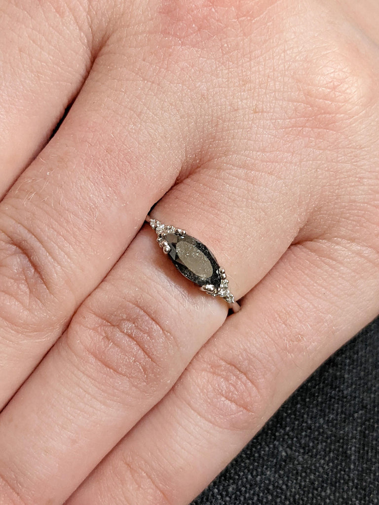 Classic Platinum Marquise Cut Salt and Pepper Diamond Modern Engagement Ring, Dainty Salt & Pepper Bridal Ring, Gothic Jewelry Wedding Ring