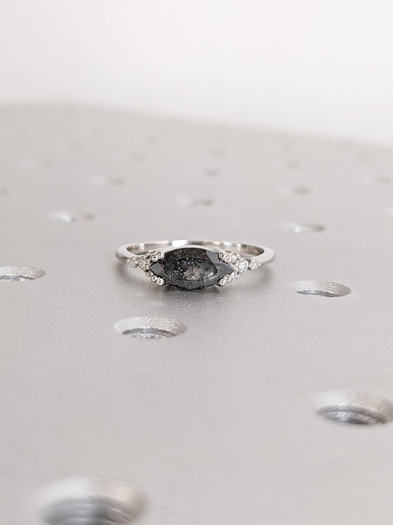 Classic Platinum Marquise Cut Salt and Pepper Diamond Modern Engagement Ring, Dainty Salt & Pepper Bridal Ring, Gothic Jewelry Wedding Ring