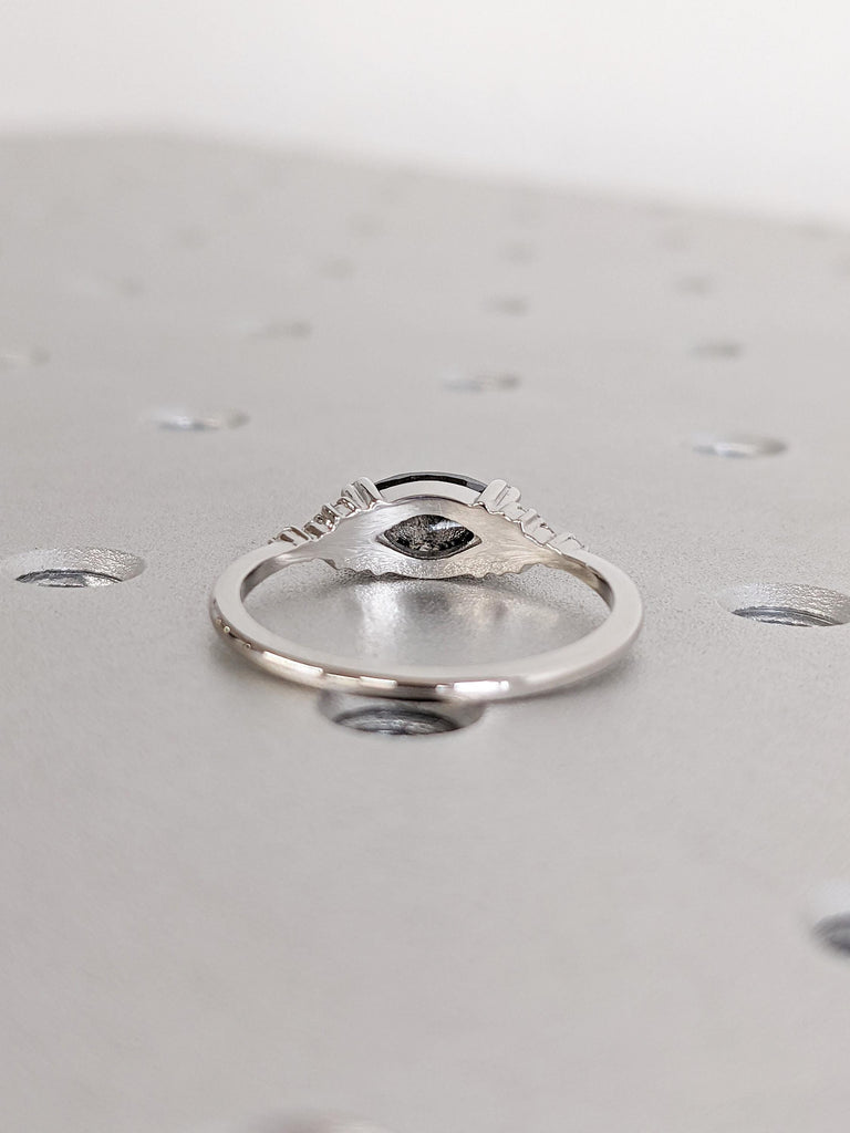 Classic Platinum Marquise Cut Salt and Pepper Diamond Modern Engagement Ring, Dainty Salt & Pepper Bridal Ring, Gothic Jewelry Wedding Ring