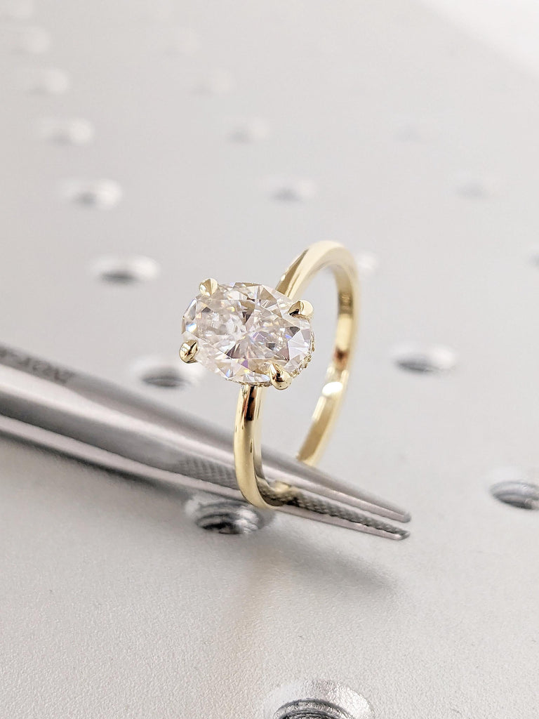 Hidden Halo Moissanite Engagement Ring, 14k Yellow Gold Oval Solitaire Ring, Unique Promise Ring or Wedding Rings for Women, Gift for Mom