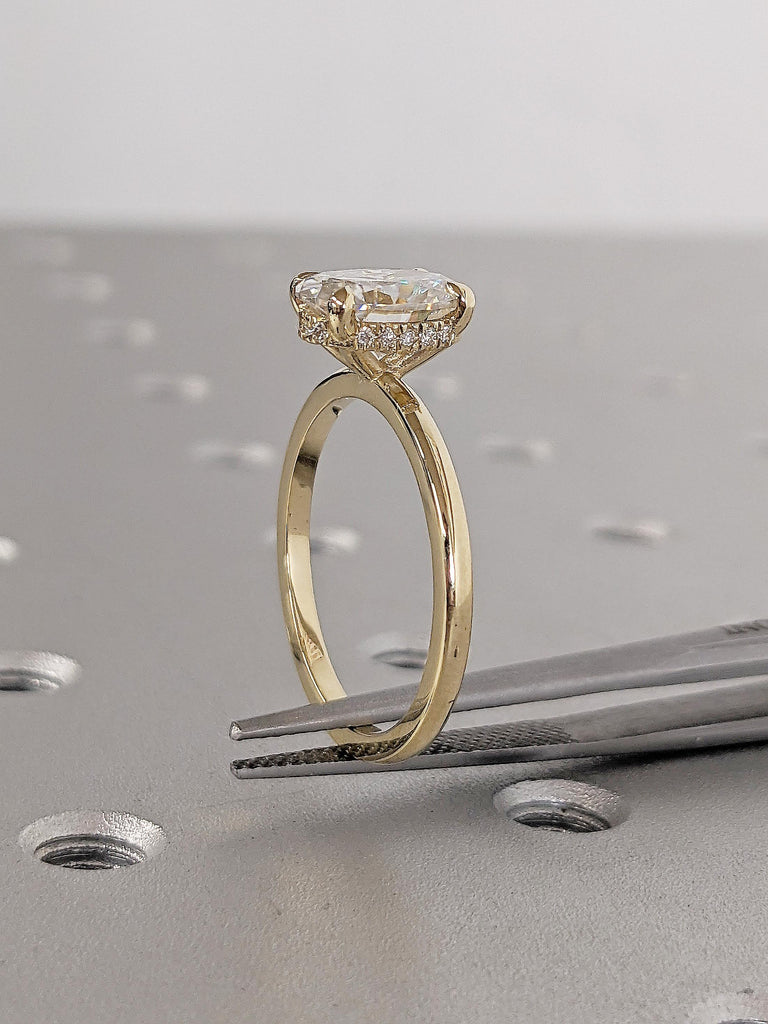 Hidden Halo Moissanite Engagement Ring, 14k Yellow Gold Oval Solitaire Ring, Unique Promise Ring or Wedding Rings for Women, Gift for Mom