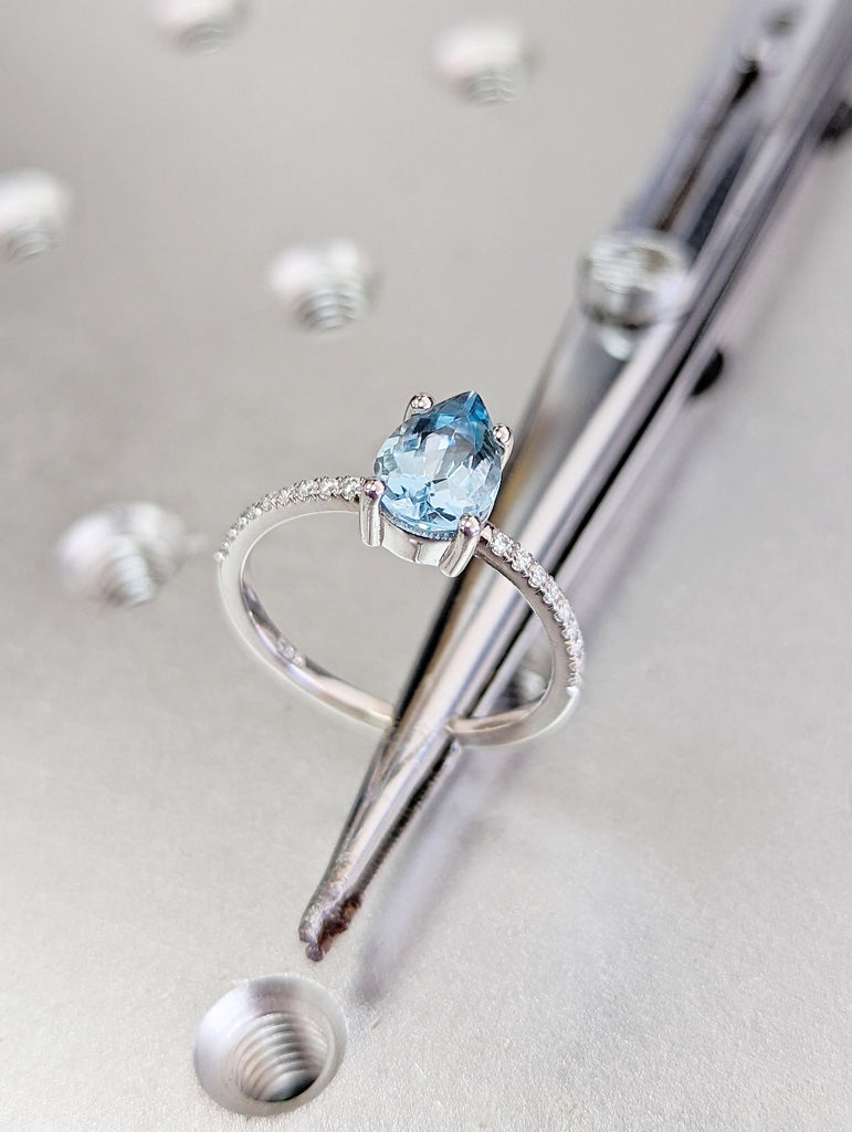 Pear cut Aquamarine Ring | Vintage Lab Grown Aquamarine Engagement Ring | White Gold Unique Promise Ring | Diamond Cluster Eternity Ring