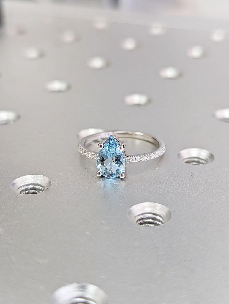 1,1.5, 2ct Aquamarine Engagement Ring | Pear cut Ring | Lab Diamond Eternity Band | Lab Aquamarine