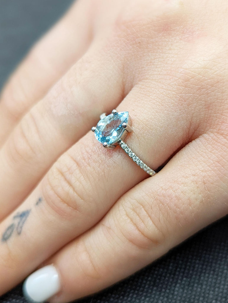 Pear cut Aquamarine Ring | Vintage Lab Grown Aquamarine Engagement Ring | White Gold Unique Promise Ring | Diamond Cluster Eternity Ring