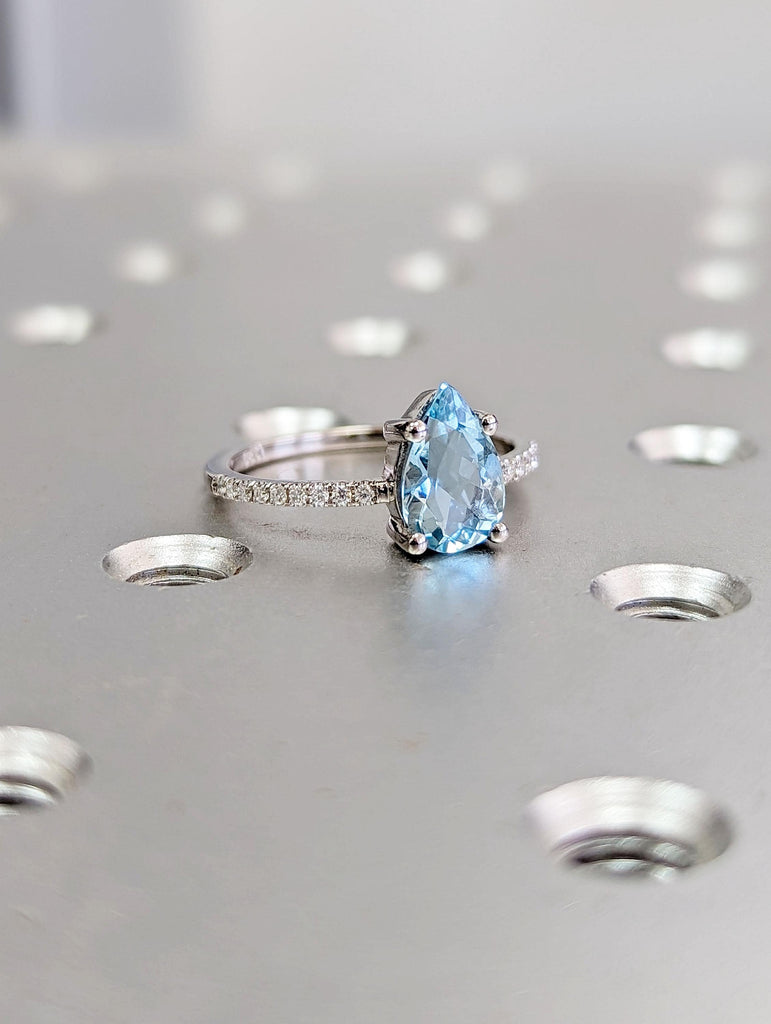 Light Blue Aquamarine March Birthstone Ring | Unique Proposal Ring for Her | Lab Diamond Cluster Ring