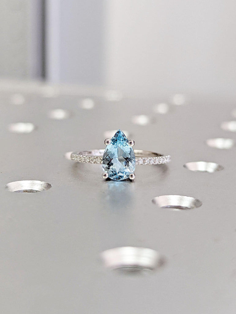 Dainty Pear Aquamarine Ring | Vintage Lab Aquamarine Engagement Ring | White Gold Unique Promise Ring | Diamond Cluster Ring Women Gifts