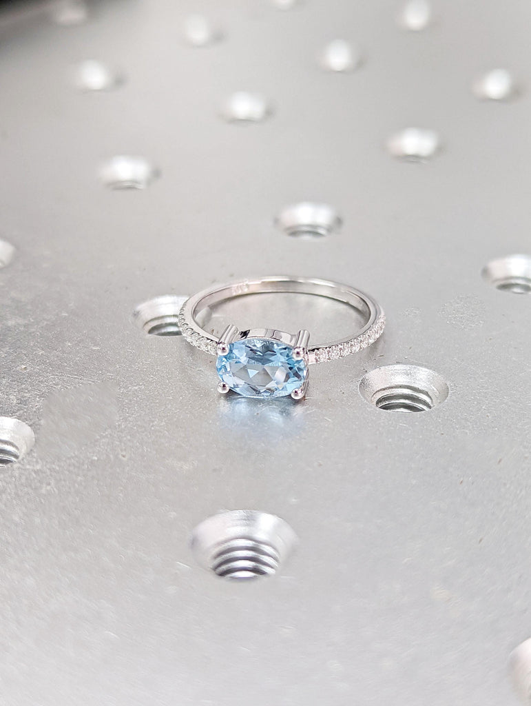 East West Aquamarine Solitaire Ring | Lab Grown Aquamarine Promise Ring | Lab Diamond Cluster Ring | 14k Gold Oval cut Woman Wedding Ring