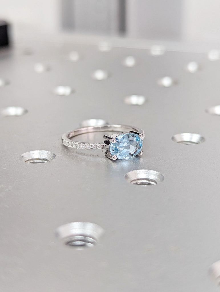 East West Aquamarine Solitaire Ring | Lab Grown Aquamarine Promise Ring | Lab Diamond Cluster Ring | 14k Gold Oval cut Woman Wedding Ring