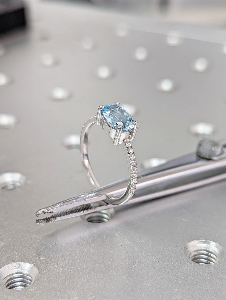 East West Aquamarine Solitaire Ring | Lab Grown Aquamarine Promise Ring | Lab Diamond Cluster Ring | 14k Gold Oval cut Woman Wedding Ring