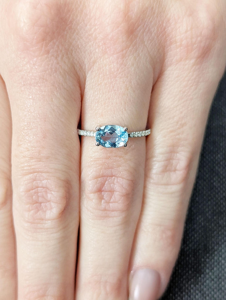 East West Aquamarine Solitaire Ring | Lab Grown Aquamarine Engagement Ring | Lab Diamond Cluster Promise Ring