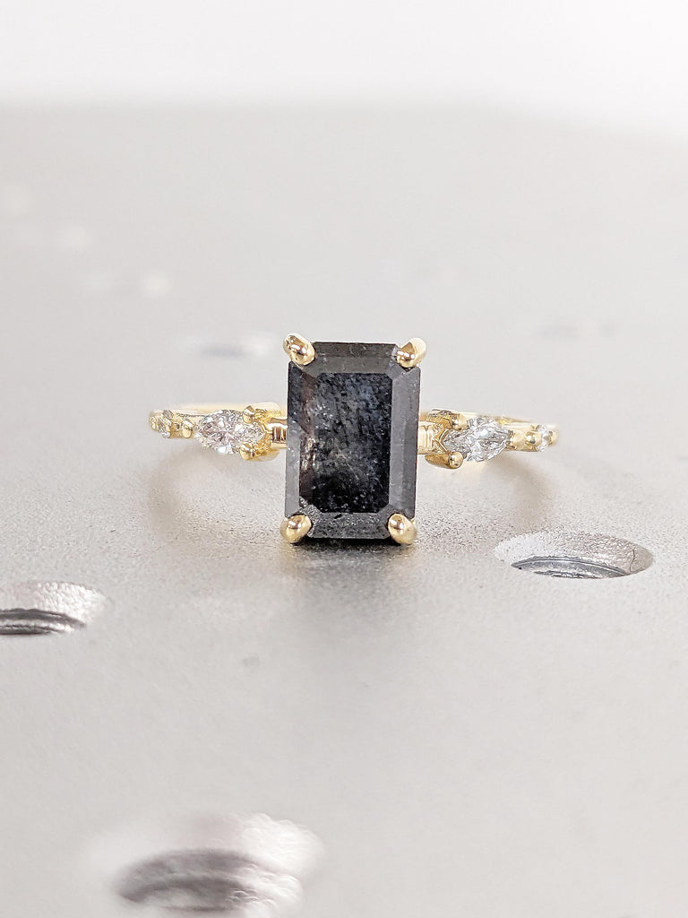 Emerald Cut Salt and Pepper Diamond Ring | 18k Yellow Gold Diamond Ring | Unique Engagement Ring | Perfect Anniversary Gift for Her