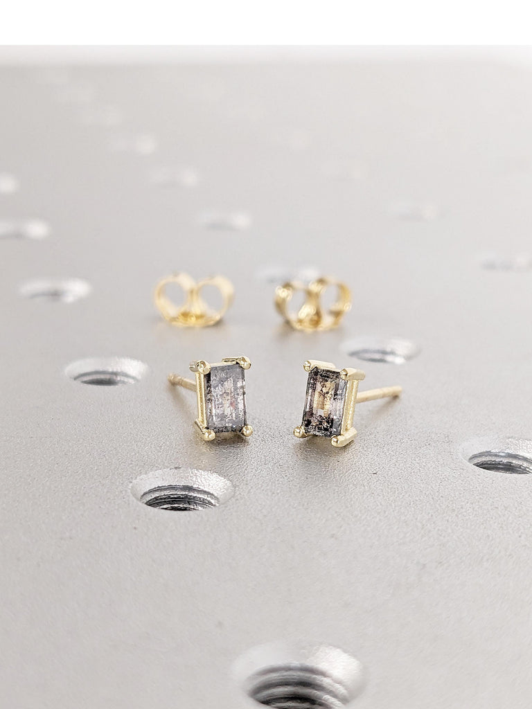 Baguette Salt and Pepper Diamond Stud Earrings, 14K Yellow Gold Earrings, Tiny Stud Earrings, Minimalist Earrings, Anniversary Gift for Wife