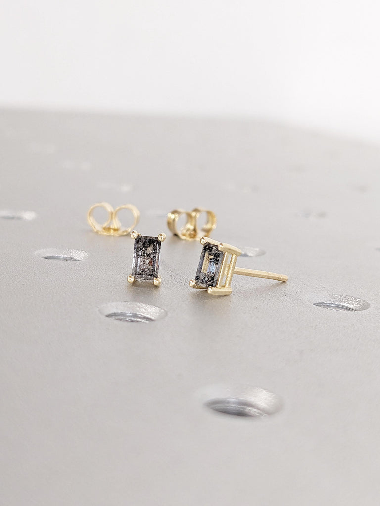 Baguette Salt and Pepper Diamond Stud Earrings, 14K Yellow Gold Earrings, Tiny Stud Earrings, Minimalist Earrings, Anniversary Gift for Wife