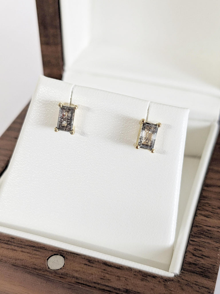 Baguette Salt and Pepper Diamond Stud Earrings, 14K Yellow Gold Earrings, Tiny Stud Earrings, Minimalist Earrings, Anniversary Gift for Wife