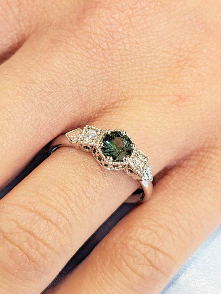 0.5ct Peacock Sapphire Engagement Ring, Art Deco 14k White Gold Statement Ring, Vintage Green Sapphire Ring, Unique Birthday Gift for Wife