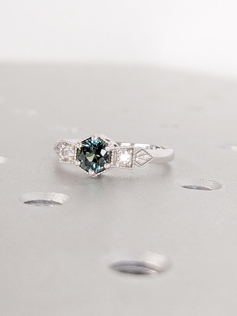 0.5ct Peacock Sapphire Engagement Ring, Art Deco 14k White Gold Statement Ring, Vintage Green Sapphire Ring, Unique Birthday Gift for Wife